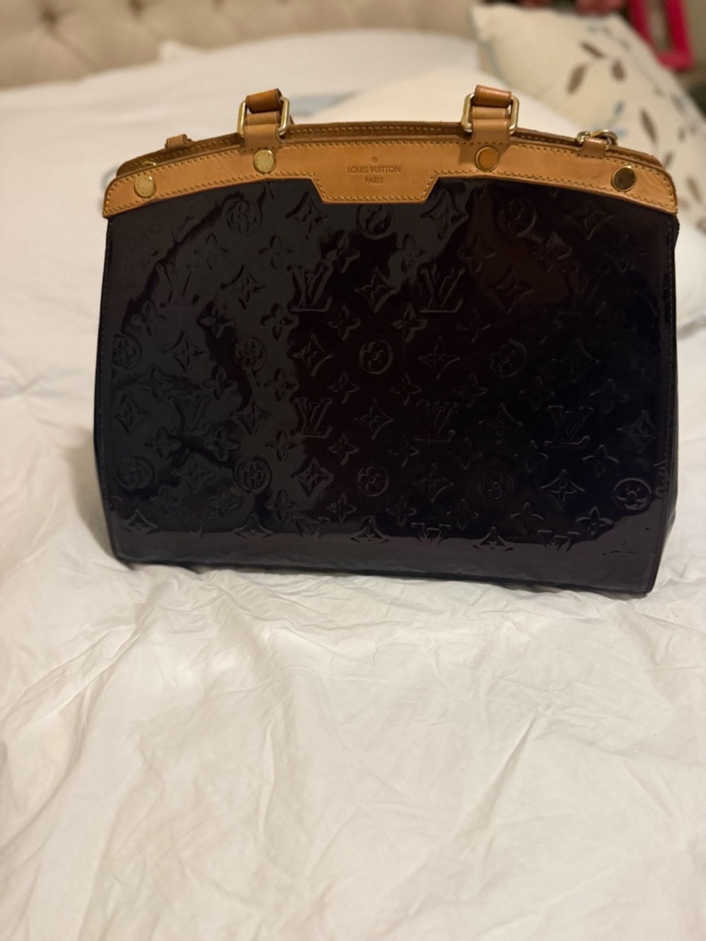 Louis Vuitton dark burgundy Patent Vernis Satchel with Tan Trim